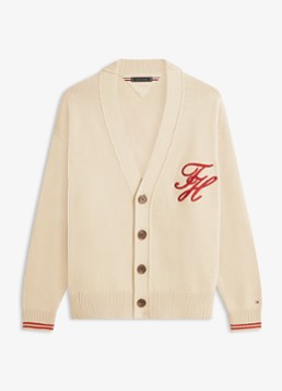 Tommy Hilfiger Heren Grofgebreid vest met logoborduring in de kleur Beige