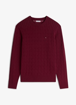 Tommy Hilfiger Heren Flag Embroidery Cable Knit Jumper in de kleur Burgundy-VLP