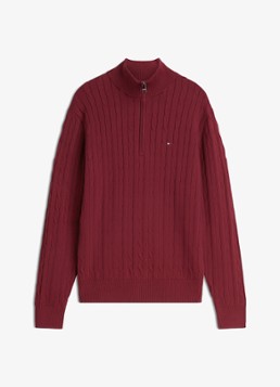 Tommy Hilfiger Heren Kabelgebreide trui met halve rits en logo in de kleur Burgundy-VLP