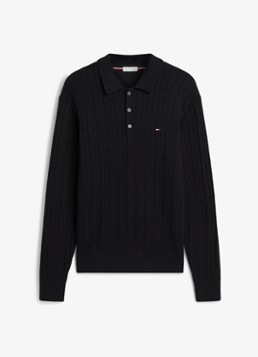 Tommy Hilfiger Heren Kabelgebreide trui met polokraag en logoborduring in de kleur Zwart