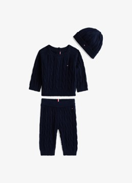 Tommy Hilfiger Meisjes Babyset met trui, broek en muts 3-delig in de kleur Donkerblauw