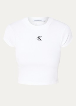 Calvin Klein Dames Ribgebreid cropped T-shirt met logoborduring in de kleur Wit