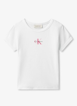 Calvin Klein Meisjes T-shirt met ribstructuur en logo in de kleur Wit
