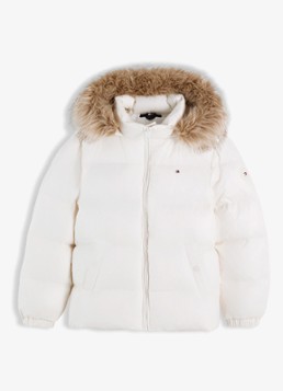 Tommy Hilfiger Meisjes Jas met donsvulling en capuchon in de kleur Gebroken wit