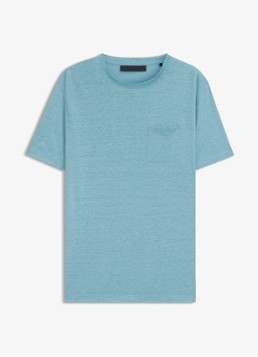 BOSS Heren T-shirt van linnen met borstzak in de kleur Open Blue-486 / Blauw