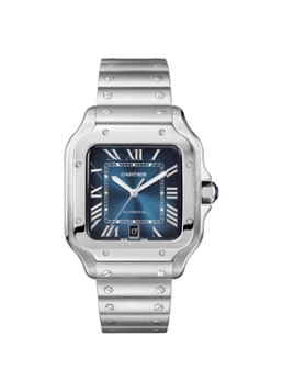Cartier Heren Santos de Cartier horloge, large model, Blauwe wijzerplaat, automatisch uurwerk, staal, verwisselbare staal en lederen horlogebanden