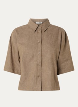 OLAF Dames Blouse van linnen met logoborduring in de kleur Zand, maat: S