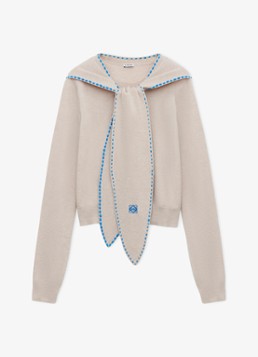 LOEWE Dames Fijngebreide trui van wol met sjaalkraag in de kleur Beige