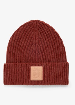 LOEWE Dames Ribgebreide muts van kasjmier met logo in de kleur Roodbruin