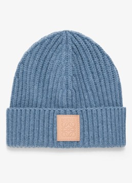 LOEWE Dames Ribgebreide muts van kasjmier met logo in de kleur Blauw