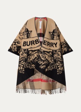 Burberry Dames Cape van wol met logoprint en franjes in de kleur Beige, maat: One Size