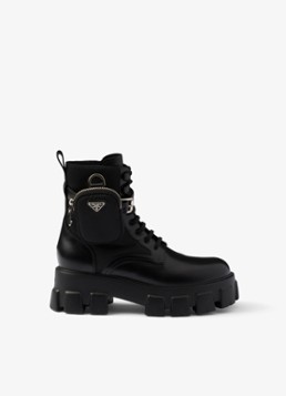 Prada Dames Monolith Re-Nylon biker boot van leer in de kleur Zwart