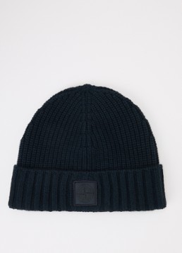 Stone Island Heren S01FF ribgebreide muts van kasjmier met logo in de kleur Donkerblauw, maat: OS