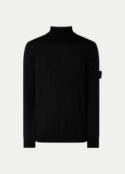 Stone Island Heren 00066 fijngebreide pullover van scheerwol met col in de kleur Zwart, maat: L