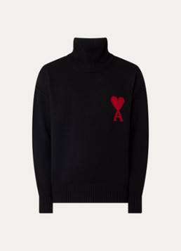 AMI Paris Heren Grofgebreide trui van scheerwol met ingebreid logo in de kleur Zwart, maat: M