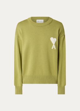 AMI Paris Heren Grofgebreide trui in wolblend met logoborduring in de kleur Mosgroen, maat: L