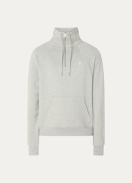 AMI Paris Heren Sweater met halve rits en logoborduring in de kleur Grijsmele, maat: S
