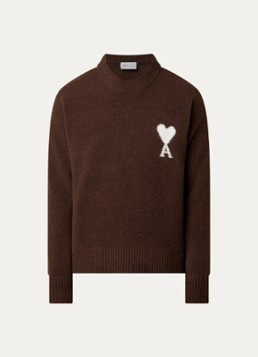 AMI Paris Heren Fijngebreide trui van wol met logoprint in de kleur Hazelnootbruin, maat: M