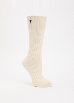AMI Paris Heren Ribgebreide sokken met logoborduring in de kleur Vanillegeel, maat: 43-46