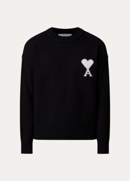 AMI Paris Heren Fijngebreide trui van wol met logoprint in de kleur Zwart, maat: M