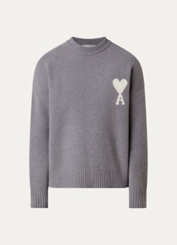 AMI Paris Heren Fijngebreide trui in alpaca wolblend met logoprint in de kleur Grijs, maat: L