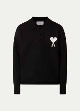 AMI Paris Heren Grofgebreide trui van wol met logo in de kleur Zwart, maat: XL