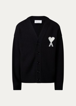 AMI Paris Heren Fijngebreid vest van wol met logo in de kleur Zwart, maat: L