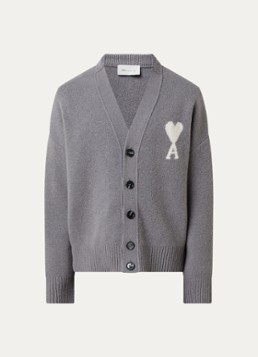 AMI Paris Heren Grofgebreid vest in wolblend met logo in de kleur Grijs, maat: L