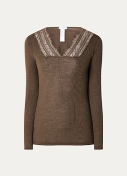 Hanro Dames Marcia longsleeve in wolblend met details van kant in de kleur Bruin, maat: L