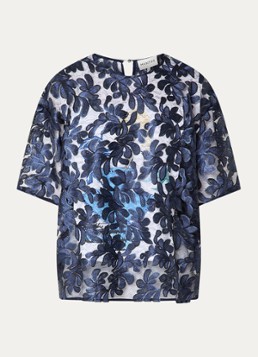 MUNTHE Dames Semi-transparante top met pailetten en borduring in de kleur Blauw, maat: 34