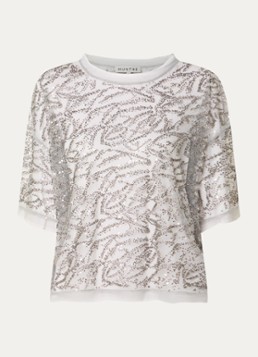 MUNTHE Dames Vun semi-transparante top van mesh met pailletten en strass in de kleur Zilver, maat: 40