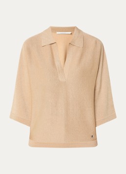 Xandres Dames Fijngebreide top met polokraag en lurex in de kleur Camel