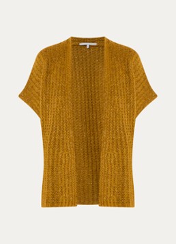 Xandres Dames Bernadine grofgebreid openvallend vest in alpaca wolblend met lurex in de kleur Okergeel