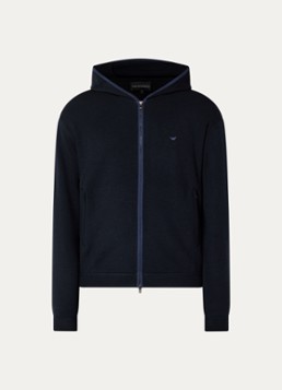 Armani Heren Fijngebreid vest met capuchon en logo in de kleur Donkerblauw