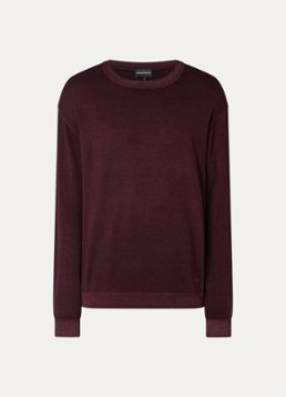 Armani Heren Fijngebreide pullover van wol met ronde hals in de kleur Aubergine