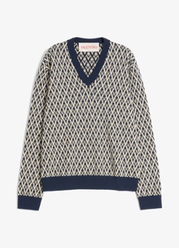 Valentino Garavani Heren Toute la V fijngebreide pullover van scheerwol met grafische print in de kleur Donkerblauw
