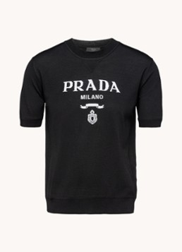 Prada Heren Fijngebreid T-shirt van scheerwol met logoprint in de kleur Zwart