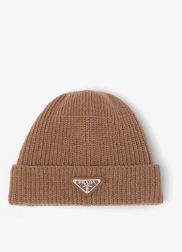 Prada Heren Ribgebreide muts in kasjmierblend met logo in de kleur Bruin