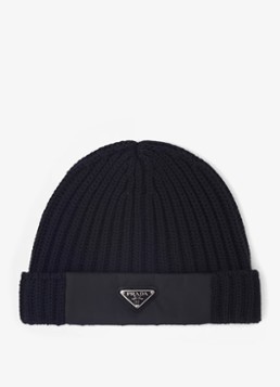 Prada Heren Re-Nylon ribgebreide muts met logo in de kleur Zwart