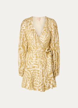JOSH V Dames Aliya mini wikkeljurk met jacquard dessin en lurex in de kleur Mosterd