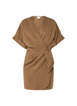 JOSH V Dames Froukje mini wikkeljurk in linnenblend met strass in de kleur Camel