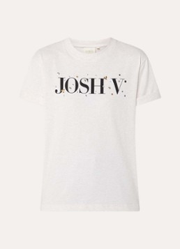 JOSH V Dames Britta T-shirt met logoprint en strass in de kleur Creme