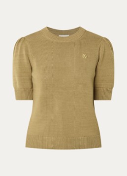 JOSH V Dames Brent ribgebreide top met logo en pofmouw in de kleur Camel
