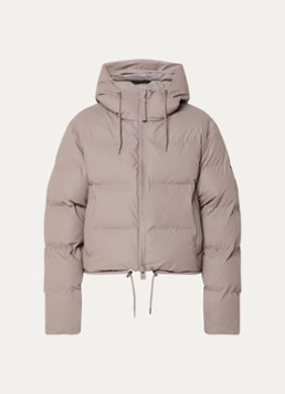 Rains Dames Puffer jack met capuchon en logo in de kleur Donkerbeige, maat: L