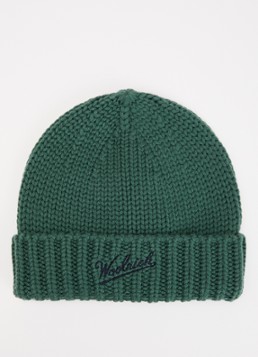 Woolrich Jongens Grofgebreide muts van scheerwol met logoborduring in de kleur Zeegroen, maat: S