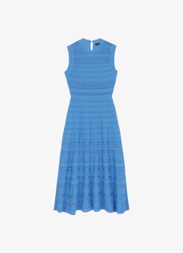 Maje Dames Fijngebreide midi jurk met opengewerkt dessin in de kleur Blauw