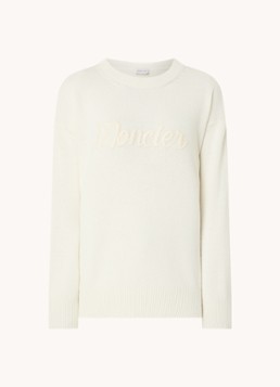 Moncler Dames Fijngebreide pullover in kasjmierblend met logoborduring in de kleur Gebroken wit, maat: l