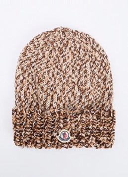 Moncler Dames Grofgebreide muts van scheerwol met gemêleerd dessin en logoborduring in de kleur Bruin, maat: One Size
