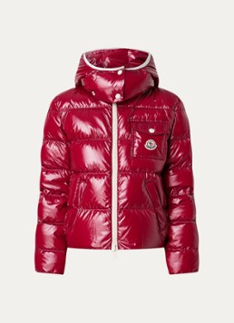 Moncler Dames Andro pufferjack met donsvulling en afneembare capuchon in de kleur Kersenrood, maat: 42