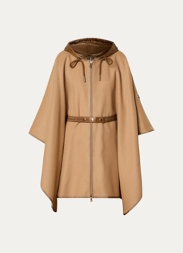 Moncler Dames Cape in wolblend met ceintuur en capuchon in de kleur Camel, maat: ONE SIZE